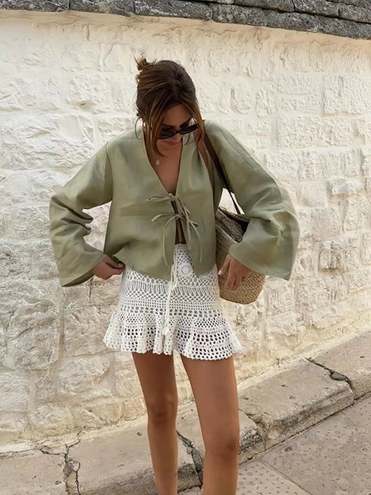 Fashion V-neck Lace Up Shirts Women  Spring Summer New Casual Long Sleeve Blouse For Female Solid Elegant Street Lady Tops