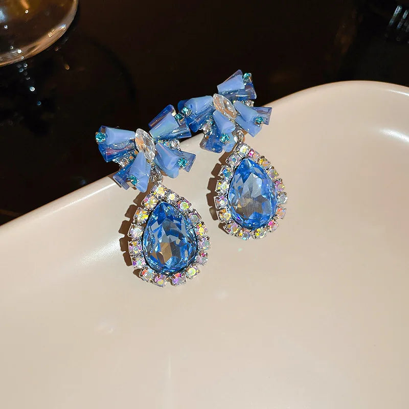 Lizakosht Minar Luxury Blue Crystal Rhinestones Bowknot Water Drop Dangle Earrings for Women Bridal Jewelry