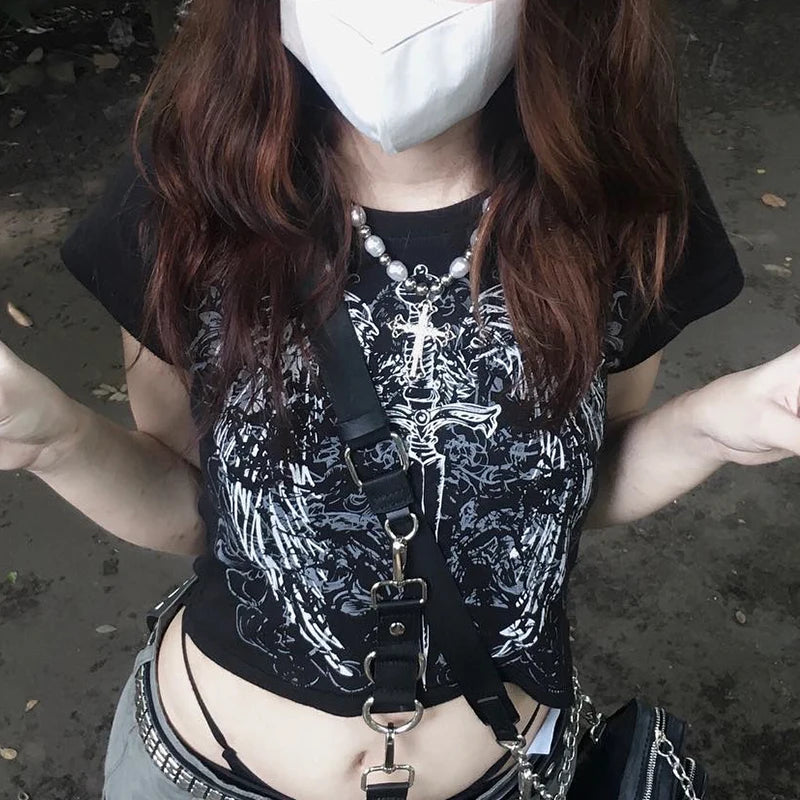 Camiseta con estampado Harajuku de los 90, top ajustado de manga corta, ropa urbana Y2K para mujer, top con ombligo expuesto
