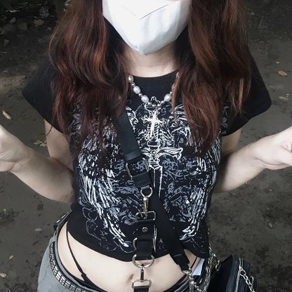 Camiseta con estampado Harajuku de los 90, top ajustado de manga corta, ropa urbana Y2K para mujer, top con ombligo expuesto