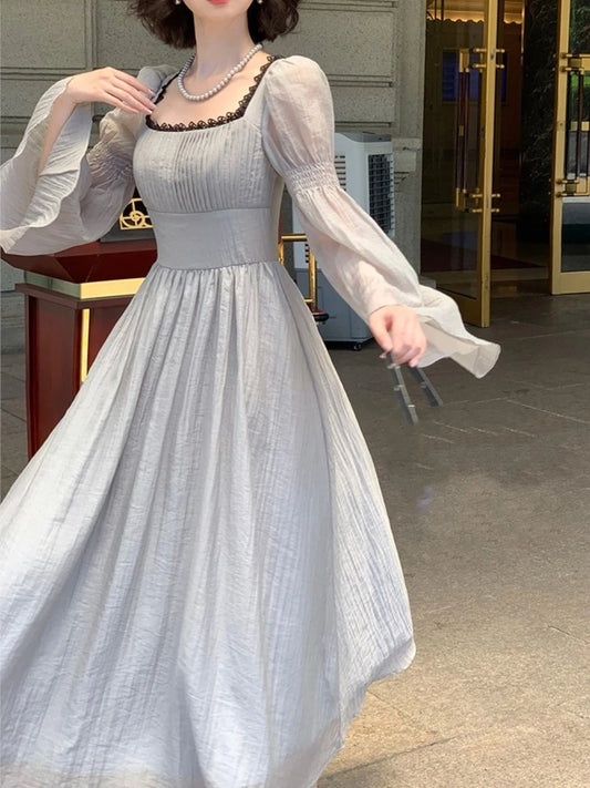 Vestidos midi de princesa de otoño para mujer, cuello cuadrado, manga acampanada, vestido de fiesta de cintura estrecha, vestidos coreanos de una pieza, nuevos