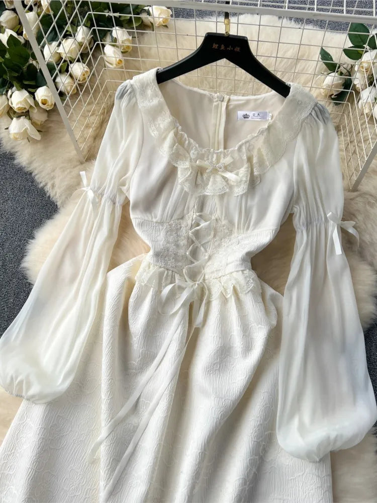 Vestido elegante de otoño para mujer, estilo princesa, para fiesta de boda, estilo coreano, jacquard, hada, vintage, con cordones y mangas acampanadas