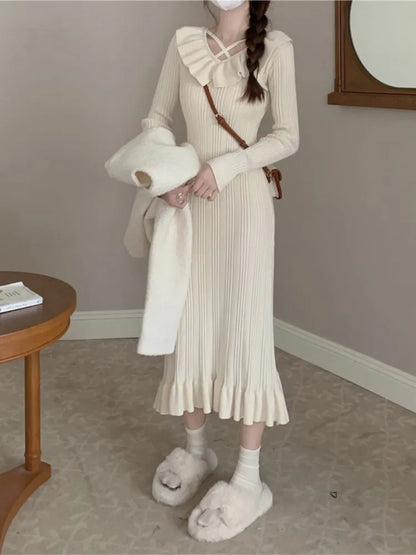 Vestidos de punto de otoño para mujer, con volantes, cuello en V, ajustados, informales, midi, moda coreana, nuevos tejidos