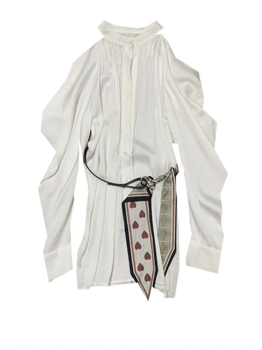 Youth Elegant Off Shoulder White Long Shirt Women Korean Dongdaemun High Quality Puff Sleeve Blouses Tops With Belted  New