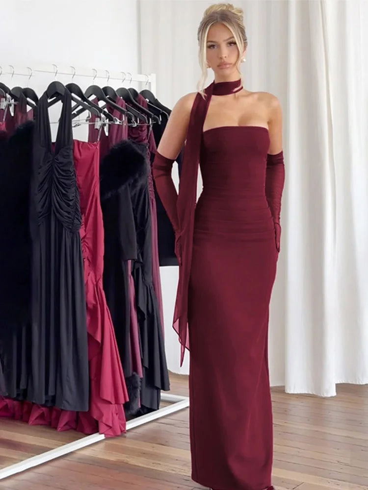 Vintage Pleated Tube Long Dresses Women Elegant Solid Slim Fit Sleeveless Dress With Silk Scarf Gloves Female Summer Evening