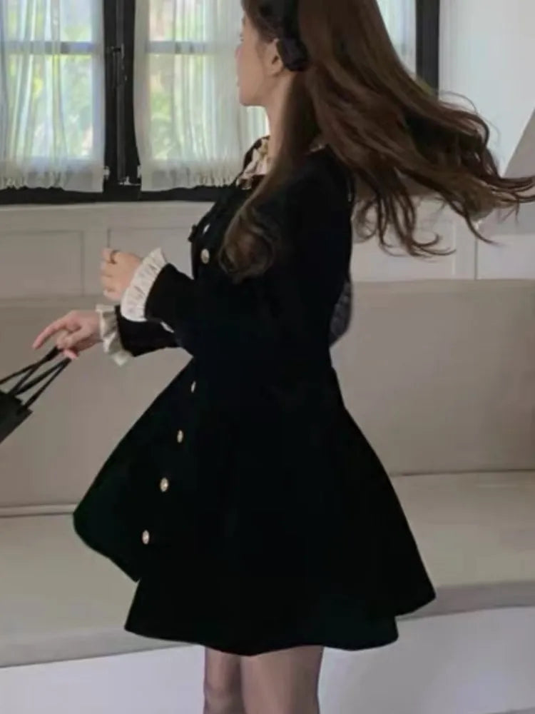 Vestidos de terciopelo negro de otoño para mujer, vestido de fiesta de noche de una sola botonadura de manga larga, moda coreana, vestido de línea A para mujer, nuevo