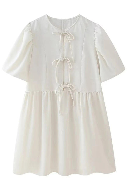 Puff Sleeve Tie Up Hollow Neck A-Line Mini Dress