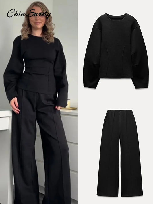 Casual Women’s 2-piece Solid Pants Sets Long Sleeve O-neck Sweatshirts Wide Leg Pleated Trousers  Autumn Lady Lazy Tracksuit