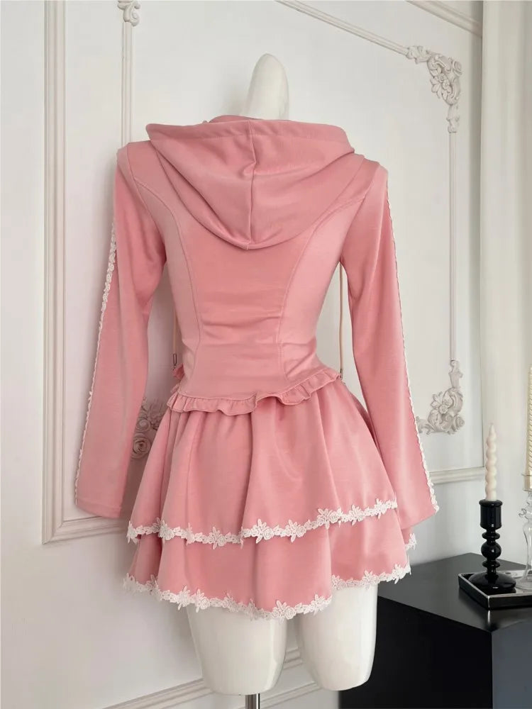 Conjunto de chándal de 2 piezas Y2K para mujer, con capucha y cremallera, abrigo ajustado con retazos de encaje y volantes, minifalda, moda coreana de otoño, conjuntos sólidos