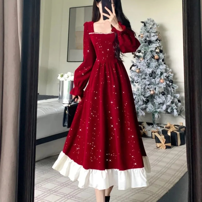 Vestidos midi de terciopelo brillante de otoño para mujer, manga larga, cuello cuadrado, volantes extragrandes, patchwork, vestido de fiesta de Navidad.
