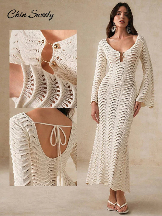 Vestido largo playero de punto calado para mujer, liso, con mangas acampanadas, con cordones y transparencias, para vacaciones, verano 2025, ajustado.