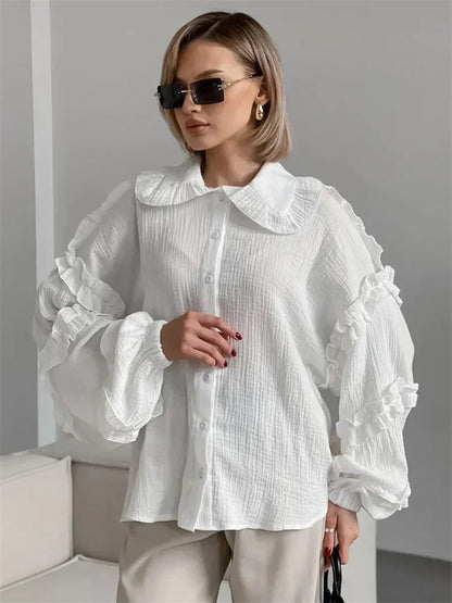 Camisas blancas holgadas con volantes para mujer, manga larga, elegantes, a la moda, otoño, lisas, informales, prendas de vestir exteriores, camisas para mujer, abrigos, novedad de verano