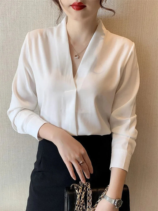 Women Spring Autumn Style Blouses Shirts Lady Office Wear OL Long Sleeve V-Neck Solid Color Blusas Tops
