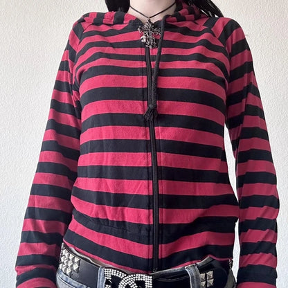 Sudadera con capucha a rayas con cremallera y estilo grunge cibernético de los años 2000, estilo e-girl, gótico, emo, centro comercial, estilo harajuku retro, chaquetas y abrigos.