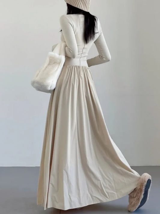 Vestidos largos informales de retazos para mujer, cuello redondo, mangas largas, corte en A, otoño primavera, moda coreana, vestidos de una pieza para mujer, nuevos