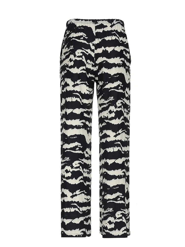 Zebra Stripe Knitted Straight Pants Women Drawstring Elastic Waist Casual Loose Baggy Trousers Boho Vacation Outfits