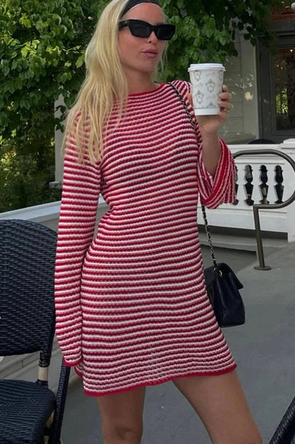 Striped Flare Sleeve Mini Dress with High Waist