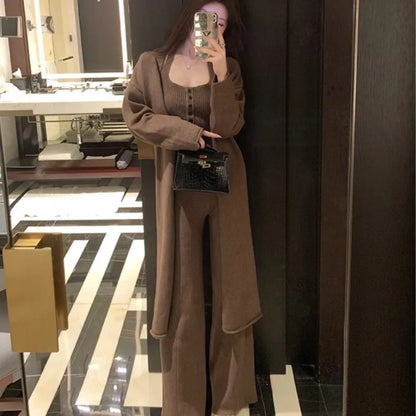 Conjunto de 3 piezas de punto para mujer, chaleco con cuello halter, cárdigan largo, pantalones largos, ropa informal lisa de moda coreana, otoño e invierno, nuevo