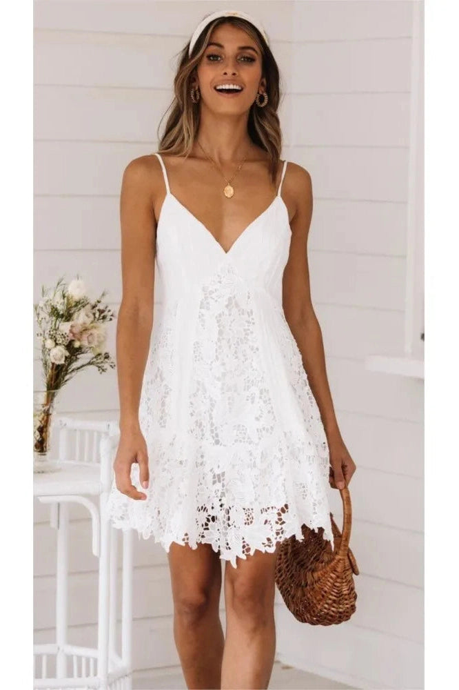 Deep V-Neck Backless Mini Dress with Spaghetti Straps and Hollow Out Detail
