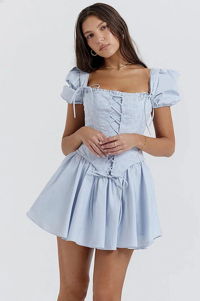 Square Neck Lace-Up Two-Piece Mini Dress
