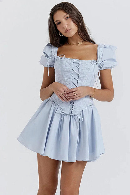 Square Neck Lace-Up Two-Piece Mini Dress