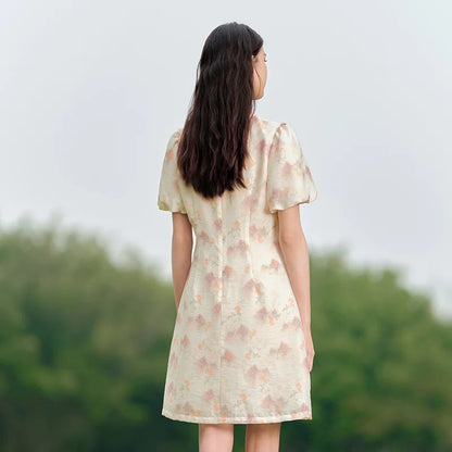 Vestido Cheongsam de verano con mangas abullonadas y estampado de pintura de tinta para mujer