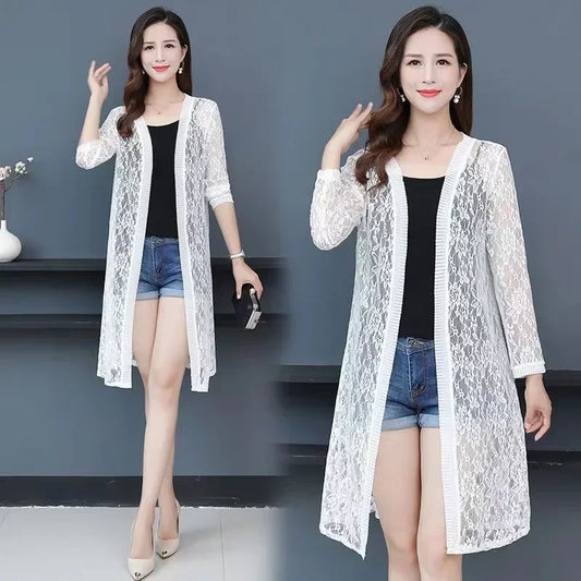 Summer Women Sun Protection Lace Cardigan Mid-length Mesh Shawl Loose Clothing Women Jacket Shirt Outerwear