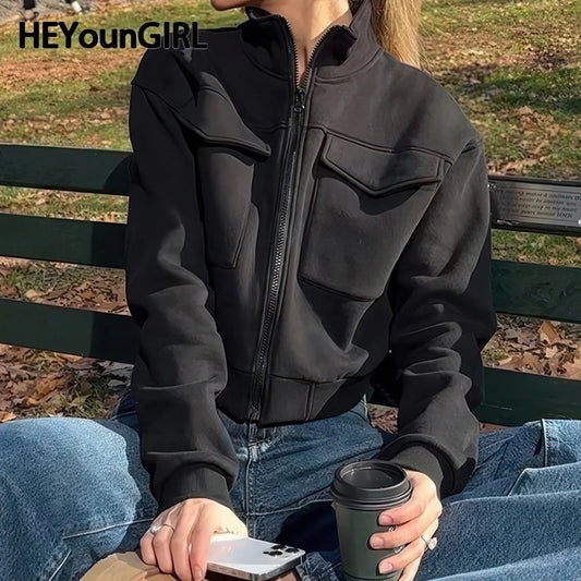 Women Pocket Sweatshirt Casual Solid Color Zipper Crop Jacket Autumn Outfits Turtleneck Fashion Y2K Coat Streetwear