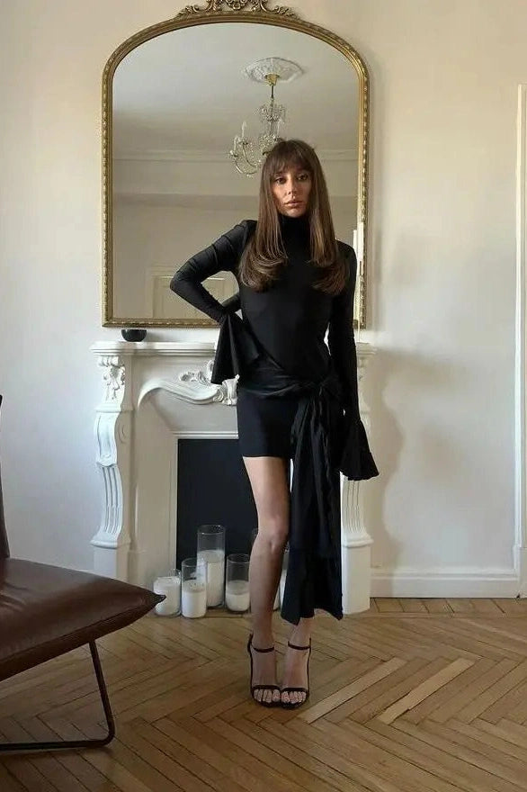 Elegant Flare Sleeves Slim Mini Dress with Irregular Hem