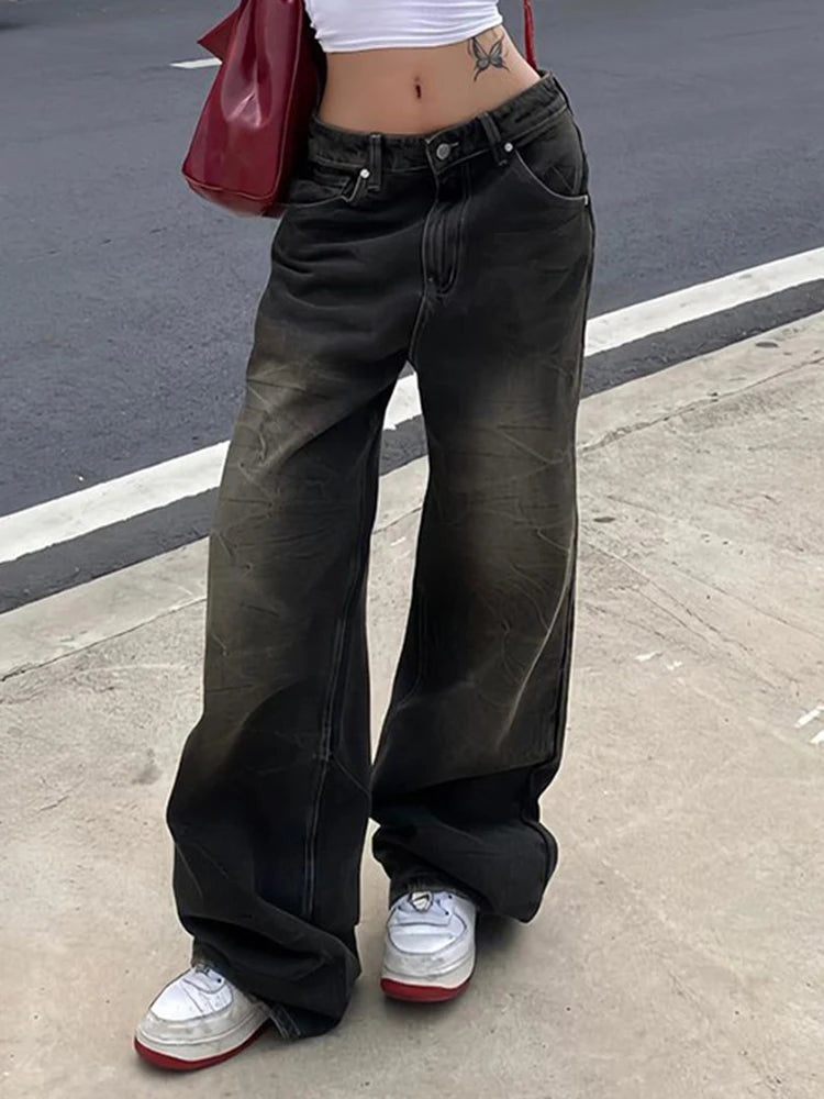 American Retro Casual Straight Leg Jeans Woman Vintage Street Style Distressed Denim Pants