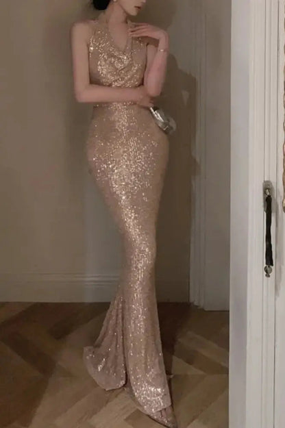 Sequined Maxi Dress with Swinging Collar