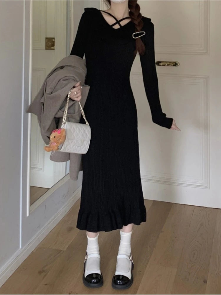 Vestidos de punto de otoño para mujer, con volantes, cuello en V, ajustados, informales, midi, moda coreana, nuevos tejidos