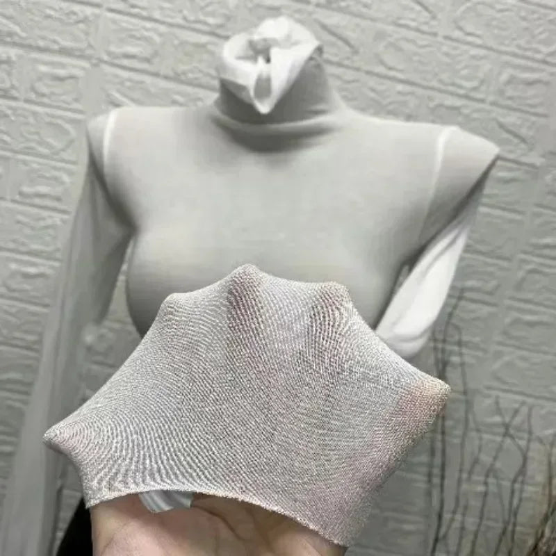 Thin Soft American Long Sleeve T-shirt High Stacked Neck Tight Perspective Bottom Shirt Women’s Slim Fit Tops Sexy Streetwear