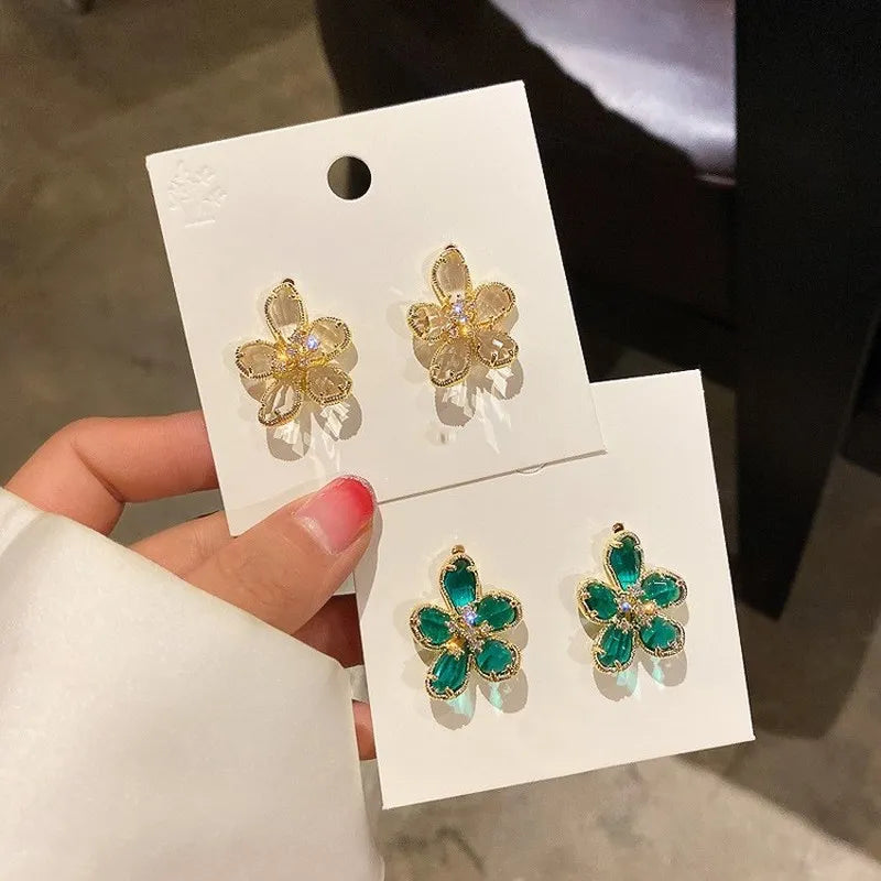 Purple Green Crystal Flower Dangle Earrings for Women Gold Metal Petals 2023