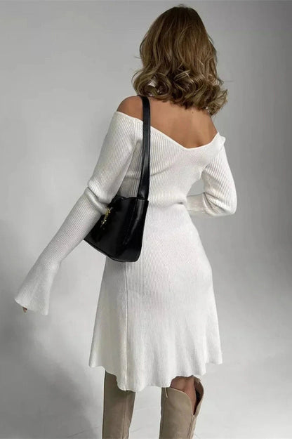 Off-Shoulder V-Neck Mini Dress with High Waist and Long Sleeves