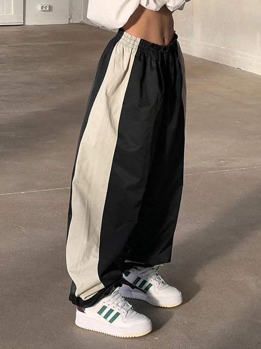 Pantalones deportivos con parches en contraste para mujer, cintura alta elástica, holgados, estilo hippie, tejidos