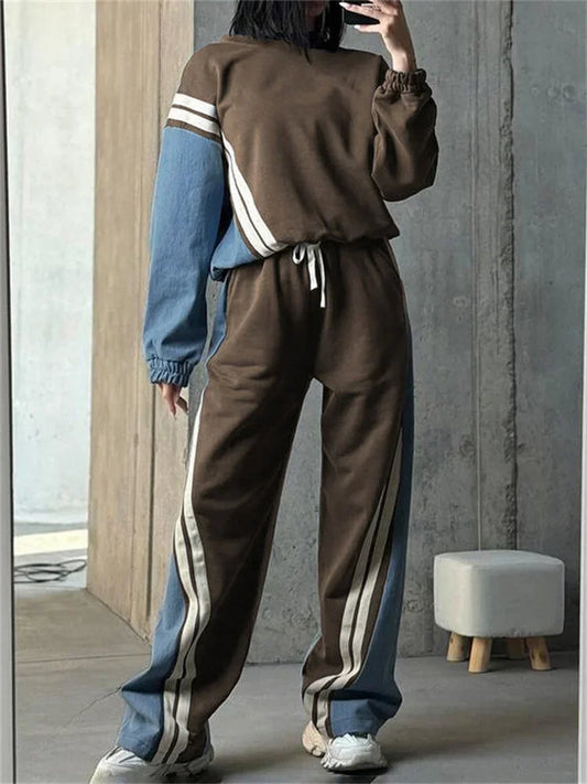 Conjunto de 2 piezas para mujer, pantalón con cordón, jersey con cordones en contraste y pantalones de cintura alta, chándal de otoño