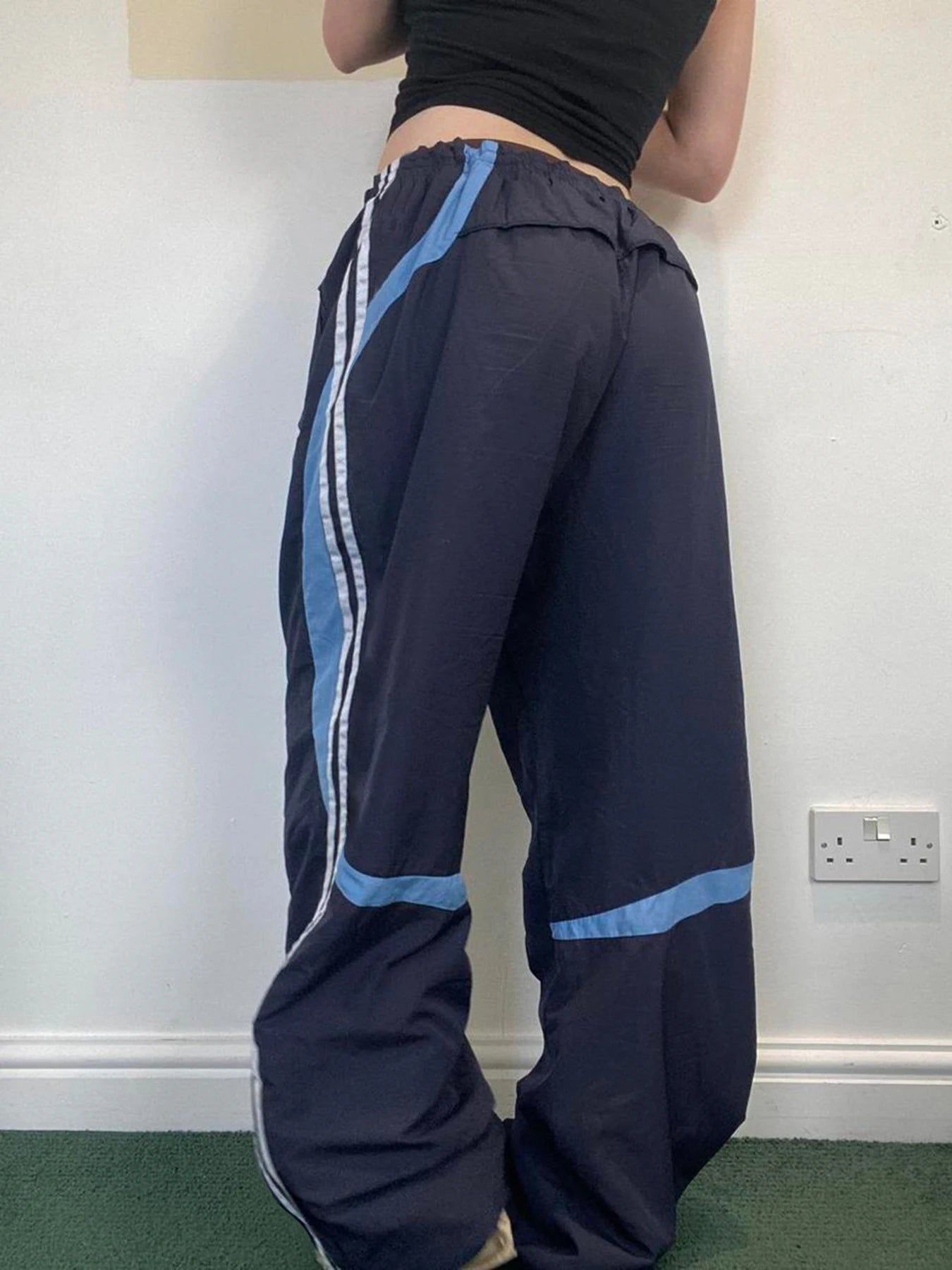 Contrast Stripe Wove Straight Leg Pants For Women Elastic Waist Casual Loose Baggy Trousers Street Jogging Sweatpants