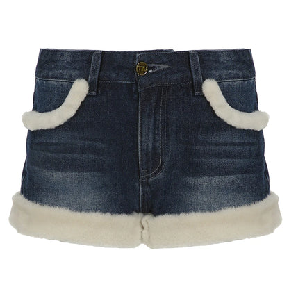 Kawaii Fluffy Trim Mini Jeans Women Chic Gentle Sweet Style Pants Fashion All-Match Blue Short Design