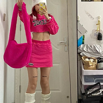 Bolso bandolera de felpa rosa caramelo para mujer, estilo Harajuku de invierno, estilo años 2000, estilo urbano, de piel sintética de conejo.