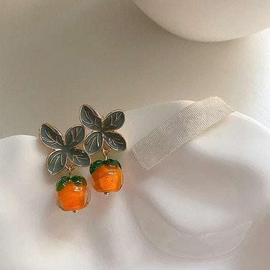 LIZAKOSHT Enamel Resin Persimmon Drop Earrings with Green Leaves for Women