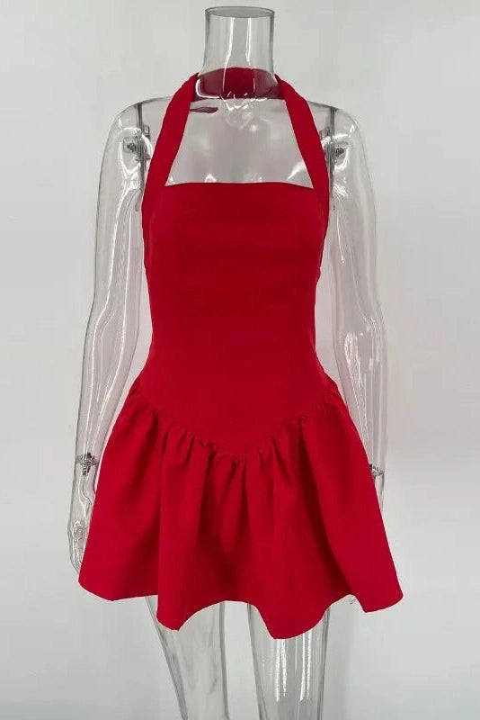 Pleated A-Line Mini Dress with High Waist Slim Fit