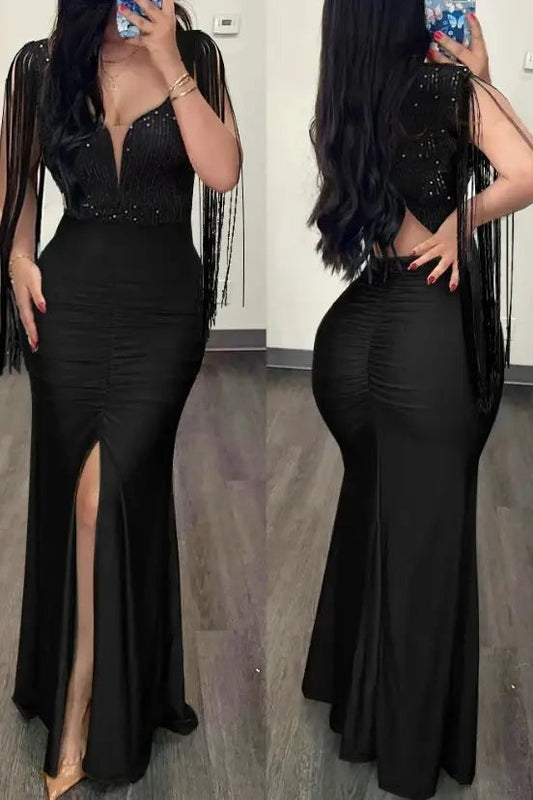 Sequin Slit Maxi Dress with Elegant Contrast