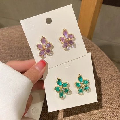 Purple Green Crystal Flower Dangle Earrings for Women Gold Metal Petals 2023
