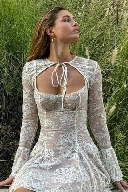 Elegant Lace Up Mini Dress with Long Sleeves and Slim Pleated Design