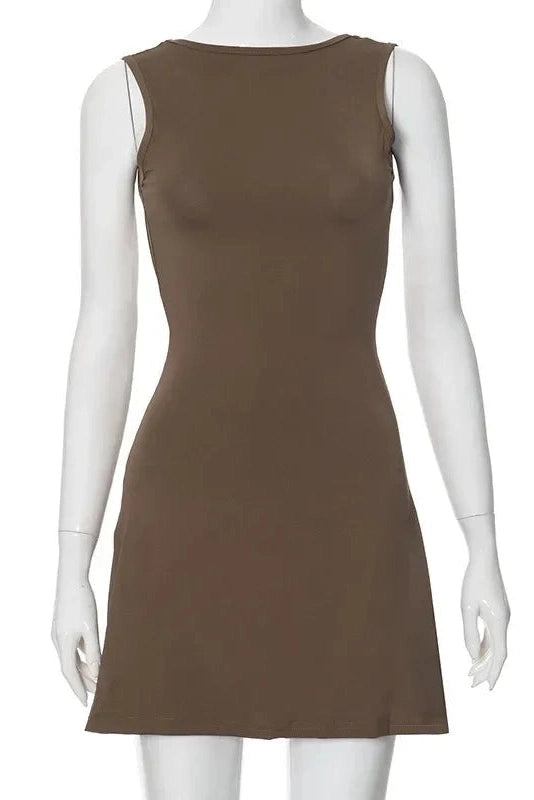 Backless O Neck Sleeveless Mini Dress - Sleeveless Mini Dress