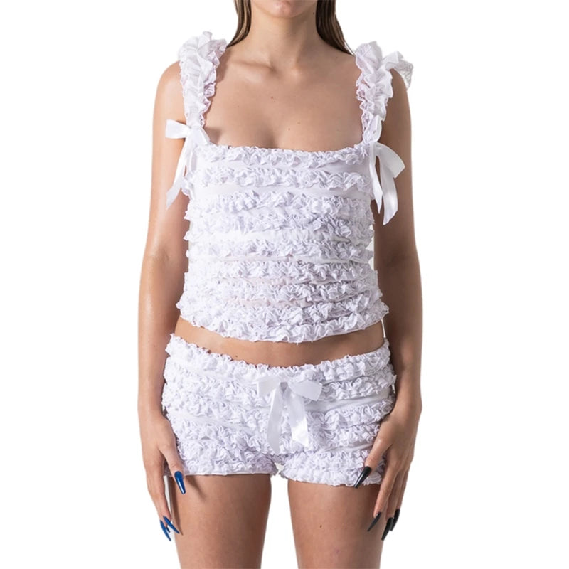 Conjunto de 2 piezas con volantes retro de los años 2000, top corto con ribete de encaje y lazo, chaleco y pantalones cortos ajustados, estilo vintage Y2K, estilo kawaii de hadas.