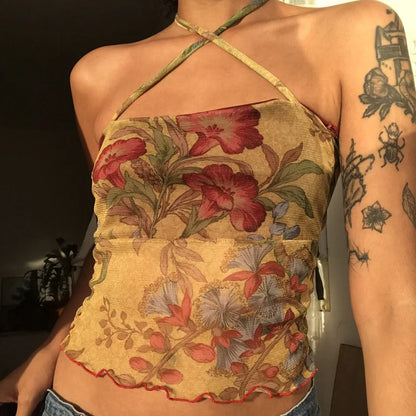 Camisola transparente de malla con estampado floral de los años 00, Hotsweet E-girl, top ajustado sin espalda, top corto sin mangas para mujer, chaleco Y2K, ropa de calle