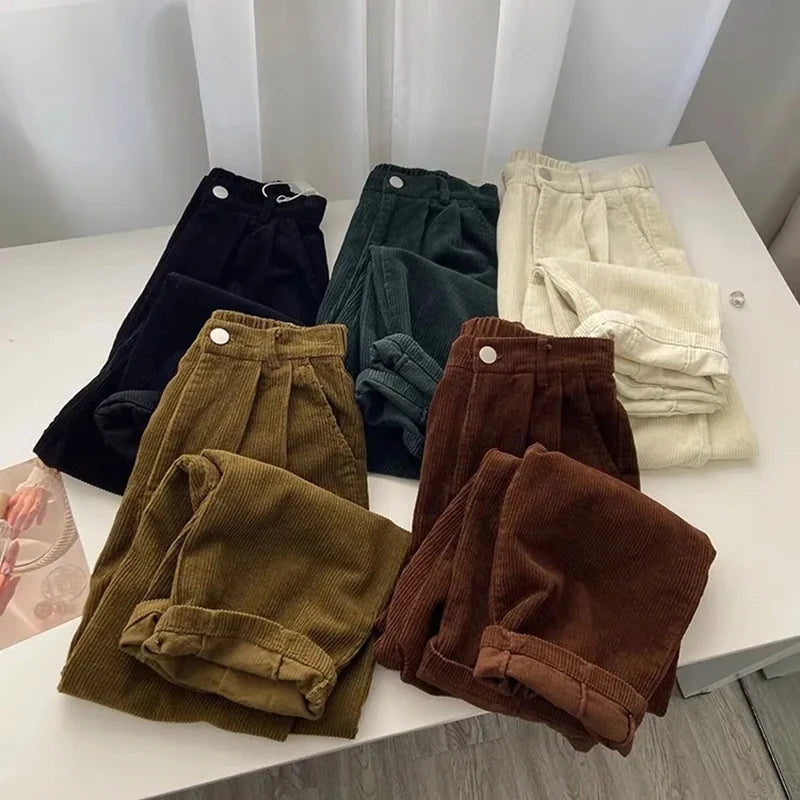 Pantalones de pana de cintura alta retro para mujer, pantalón largo informal, recto, holgado, de estilo coreano, color negro, para primavera y otoño
