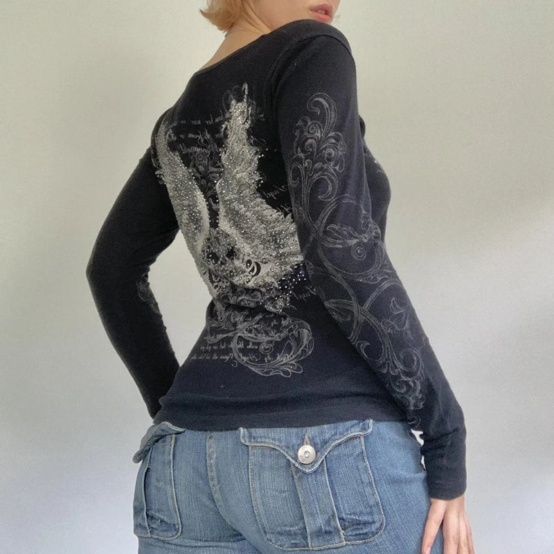 Camiseta con estampado gráfico de diamantes de imitación retro de los años 2000, estilo Harajuku grunge, estética Y2K, top corto de hadas, moda coreana, camisetas góticas vintage de centro comercial